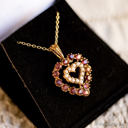 Swoboda スワボダ-天然石-ロードライトガーネットと真珠のWオープンハート・ヴィンテージ・ペンダントネックレス【Box入り★デッドストック】