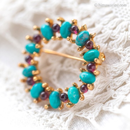 Swoboda スワボダ-天然石-ターコイズ＆ガーネット・サークル・ヴィンテージ・ブローチ【未使用ミント】